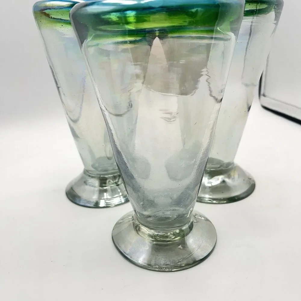 Three Hand Blown Stemware V-Shaped Glasses All Iridescent Green & Blue Band